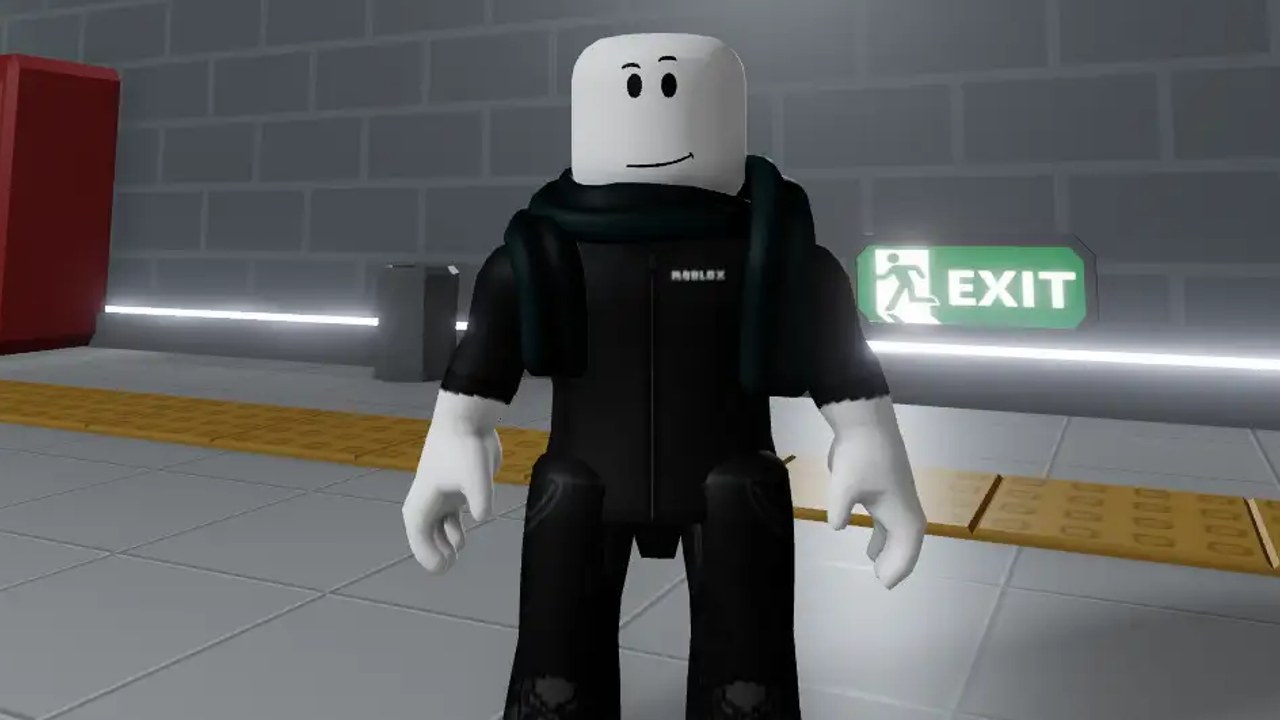 Roblox avatar standing on the subway platform in RE:Heads, Please! with an EXIT sign behind them