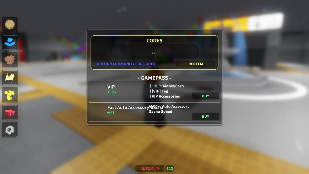RE:Heads, Please! shop codes window over the station fountain, with Auto Flip and VIP game passes visible